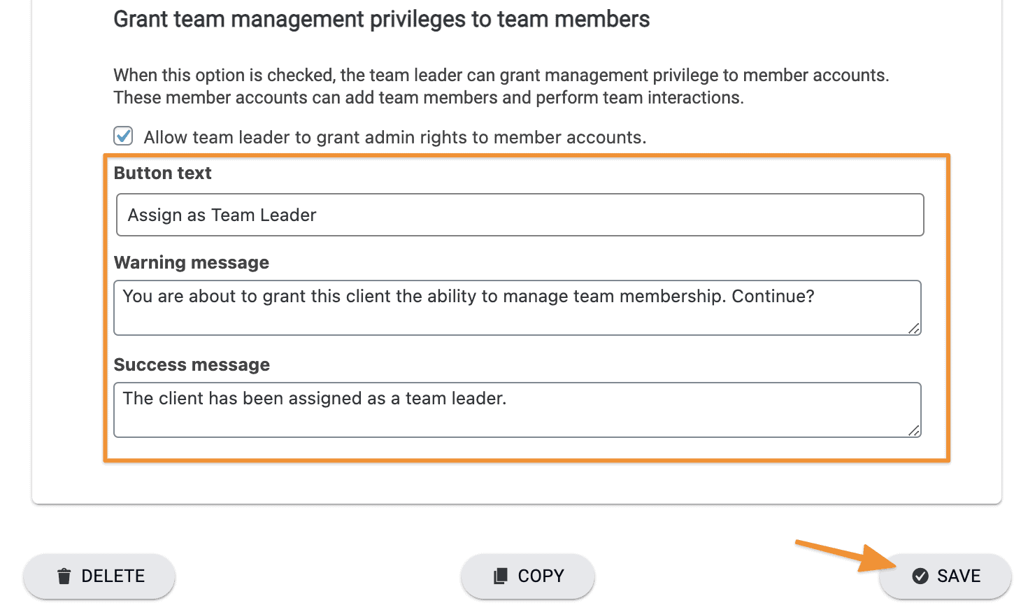 Screenshot showing settings for setting up multiple team leaders