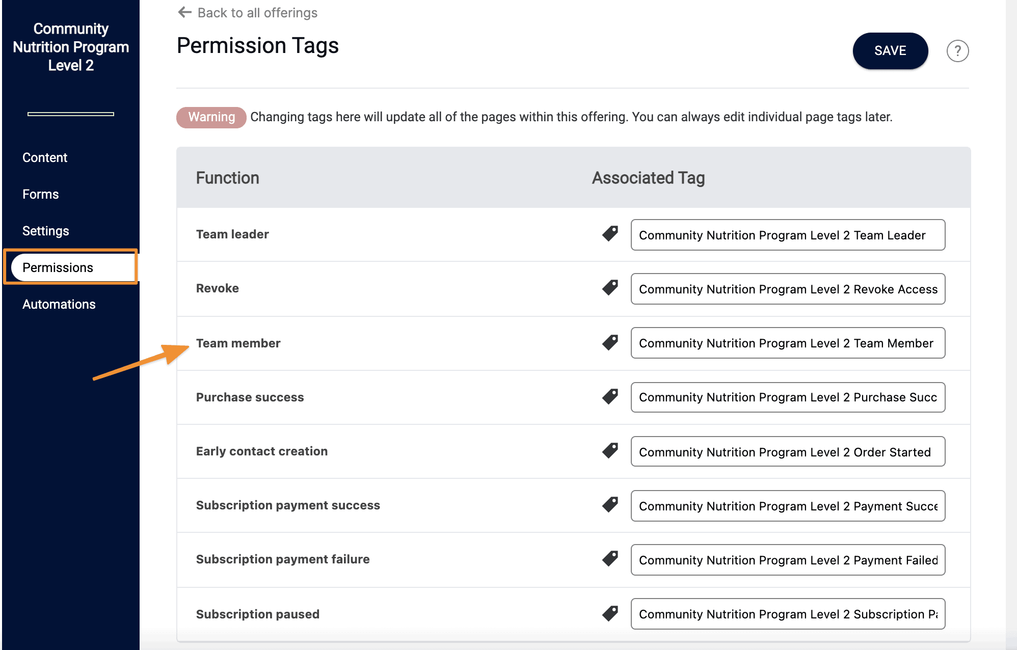Screenshot from AccessAlly showing where to find permission tags for a team setup