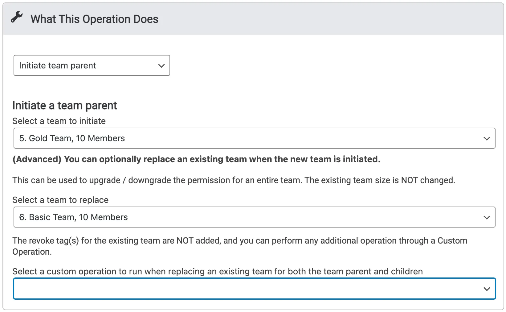 Screenshot from AccessAlly showing custom operation settings to initiate a team parent and replace a team