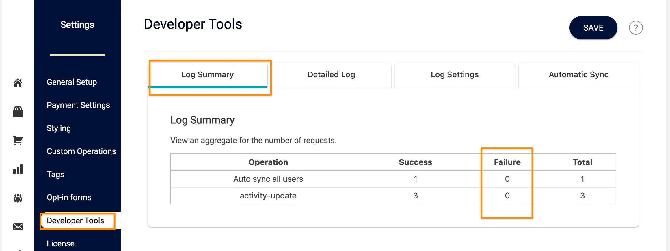 Screenshot from AccessAlly showing where to find the log summary to see errors