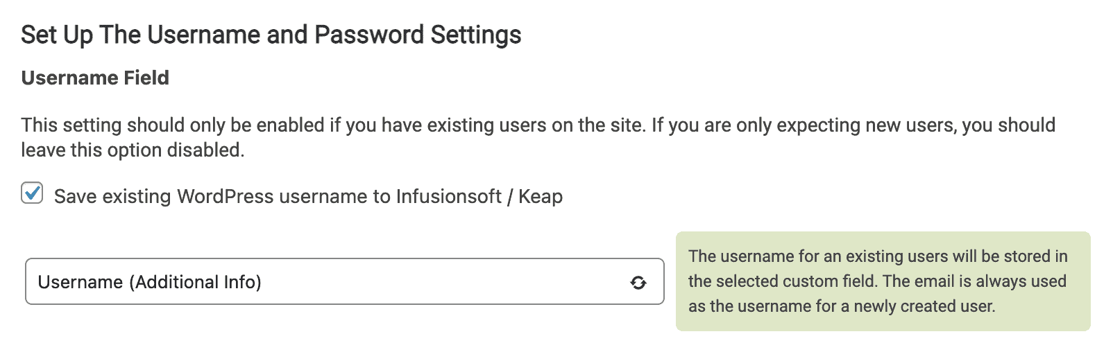 Screenshot from AccessAlly showing how to enable the username settings