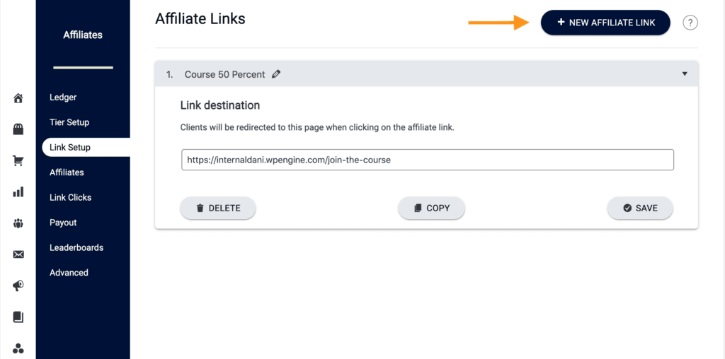 Screenshot of how to add a new AccessAlly affiliate link