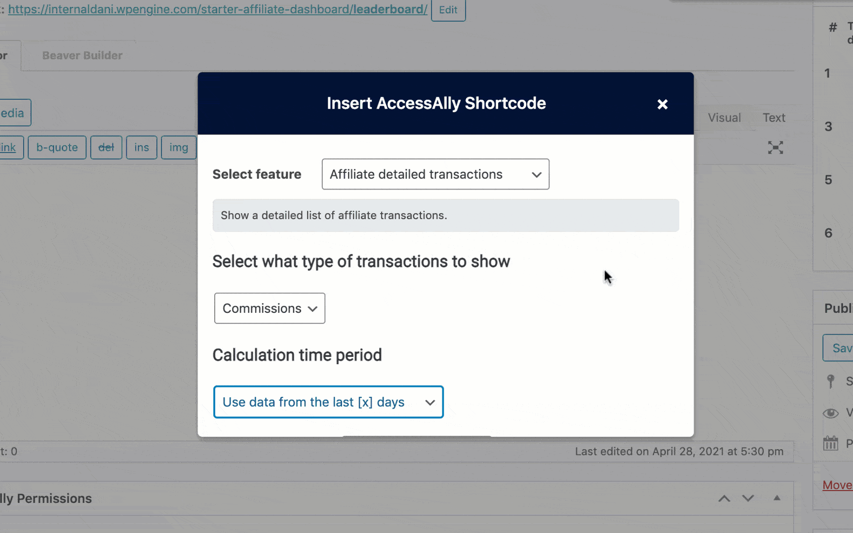 affiliate detailed transactions shortcode
