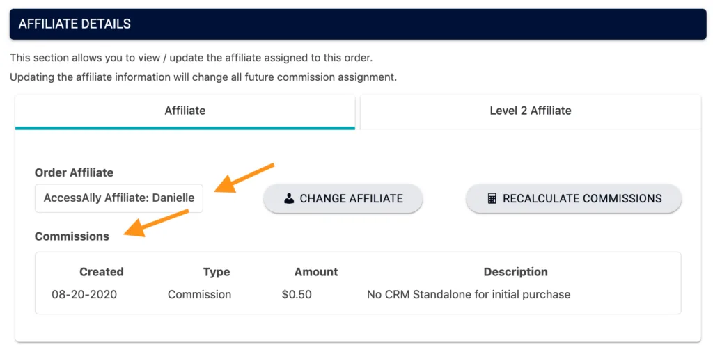 affiliate details for a sale