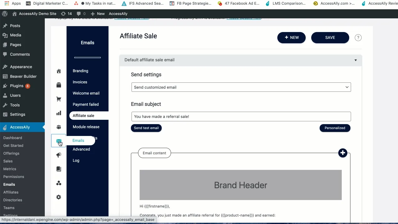 Settings to customize the default affiliate notification email