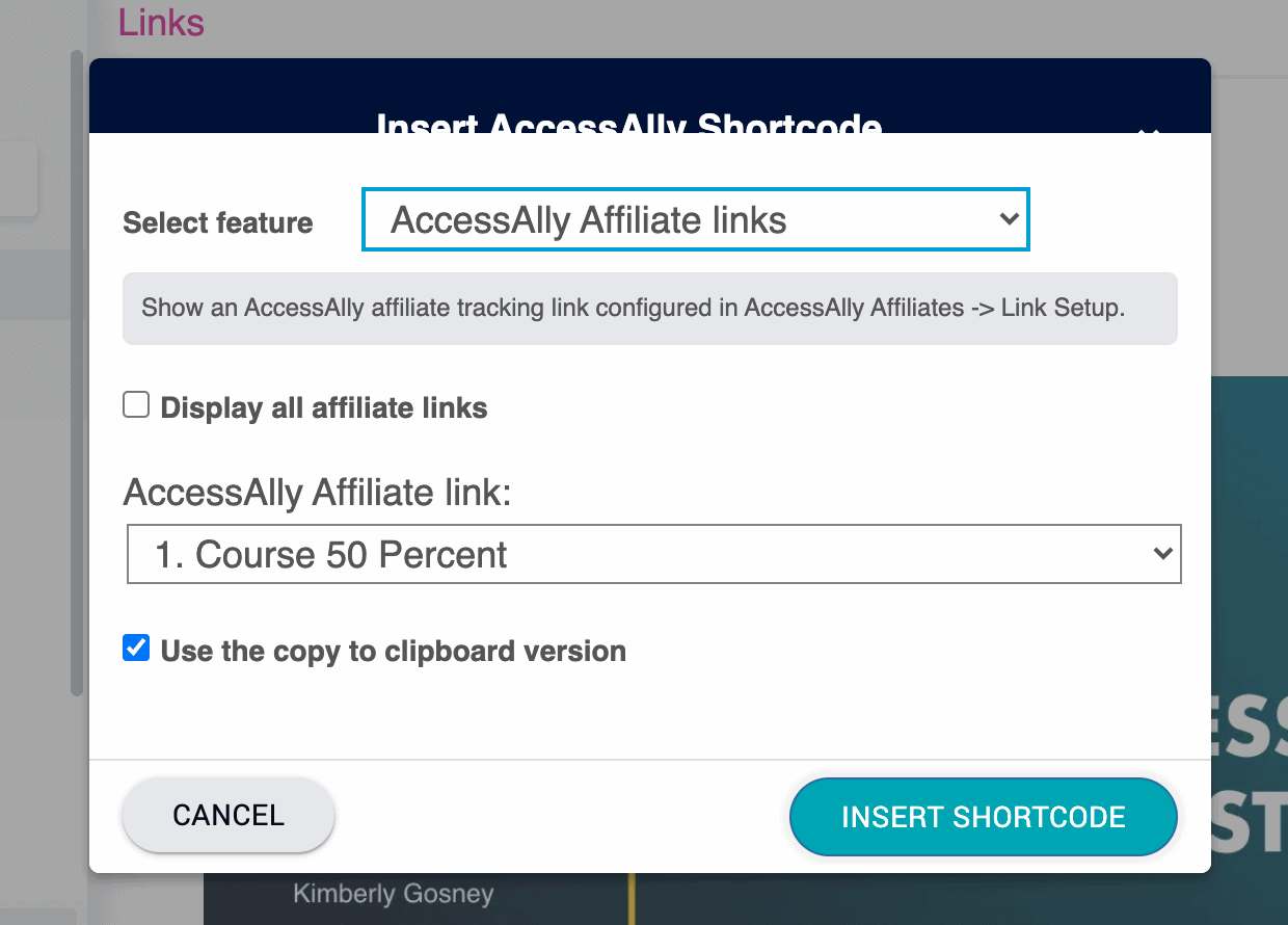 AccessAlly shortcode for adding new affiliate links