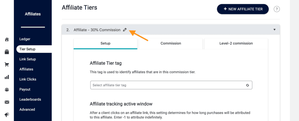 screenshot of how to name an affiliate tier in AccessAlly