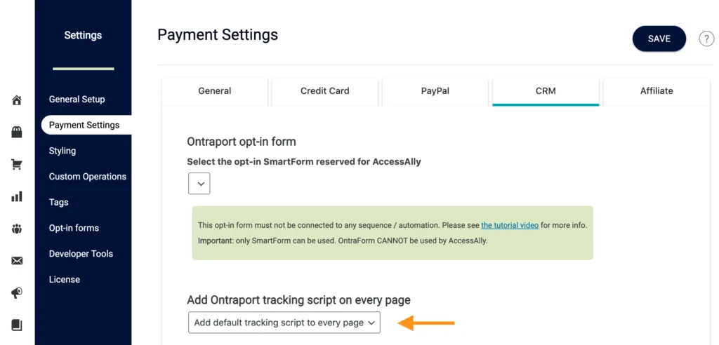 ontraport tracking script enabled in AccessAlly