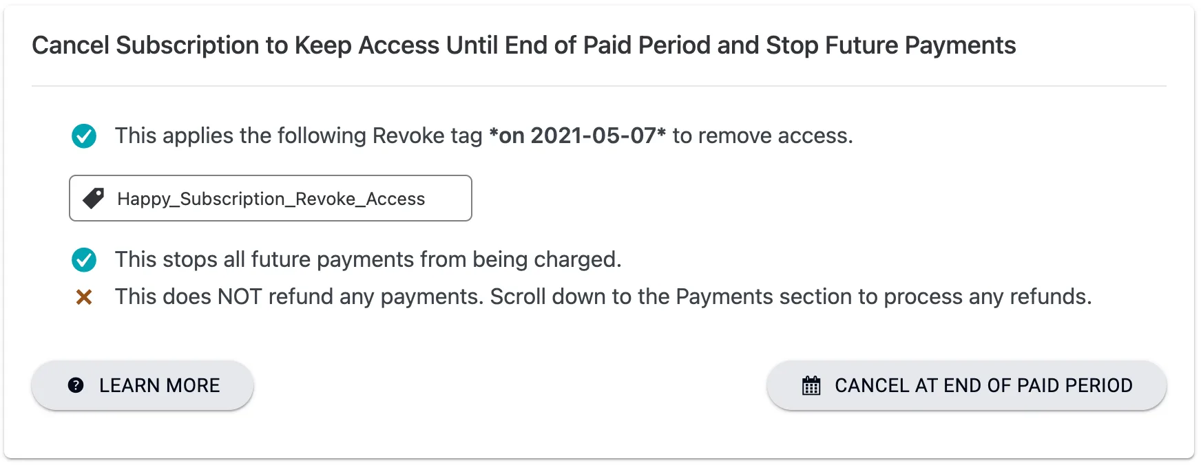 Screenshot of cancel settings