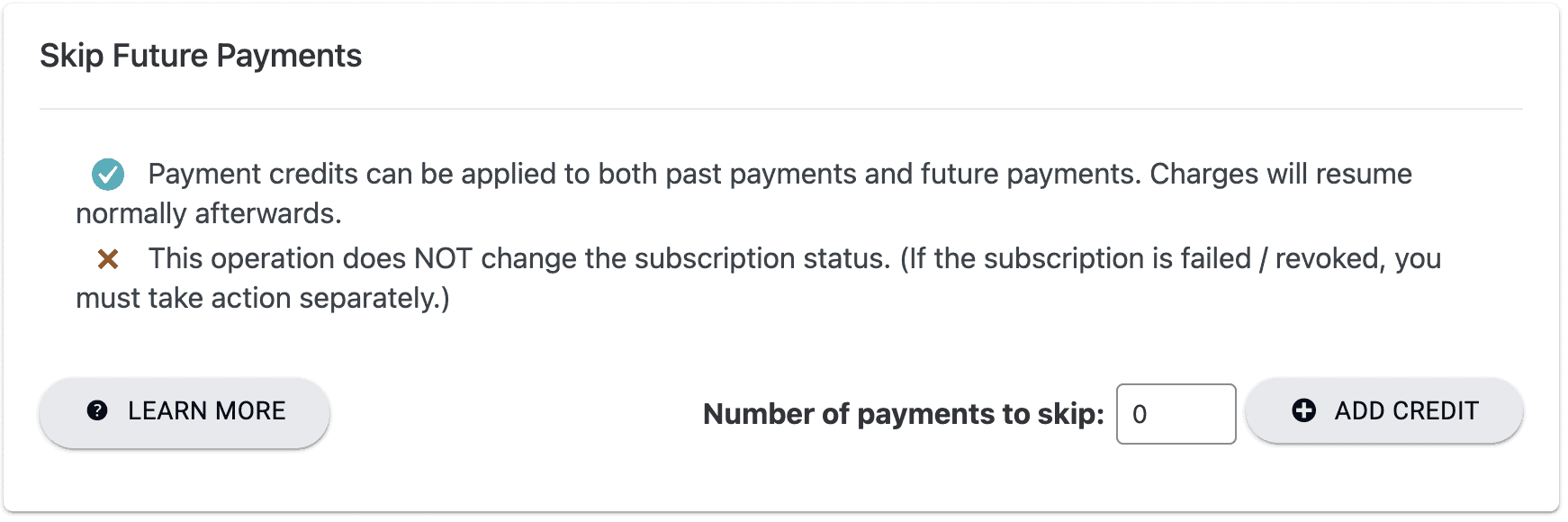 Screenshot of skip payments