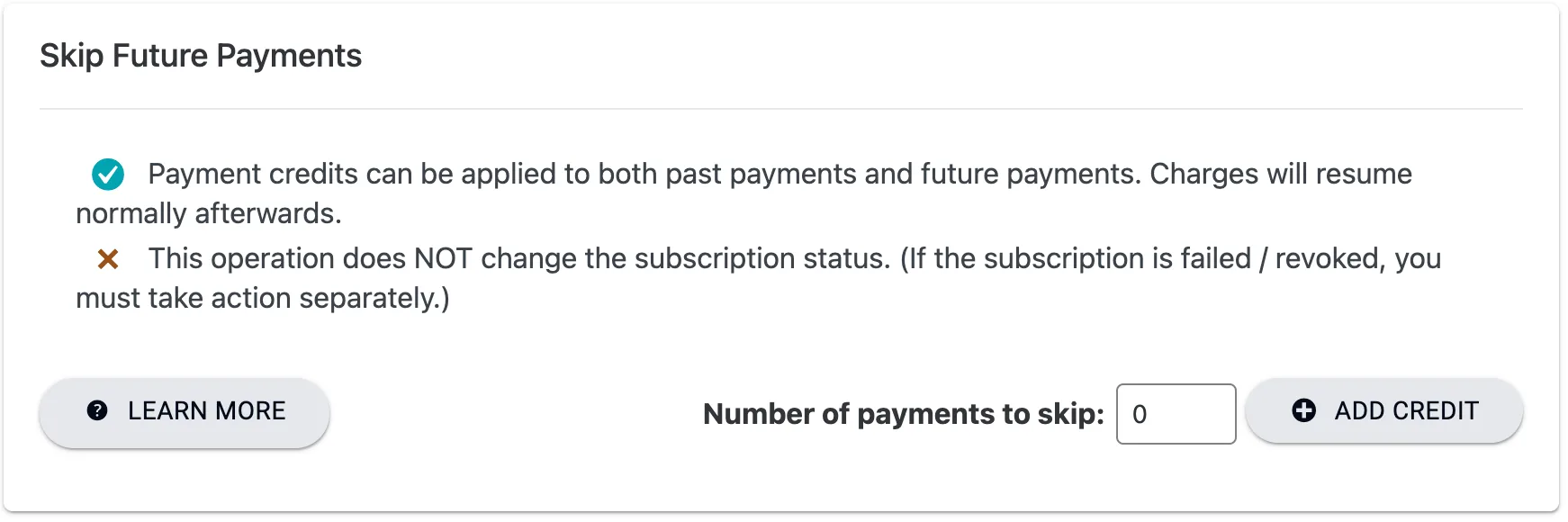 Screenshot of skip payments