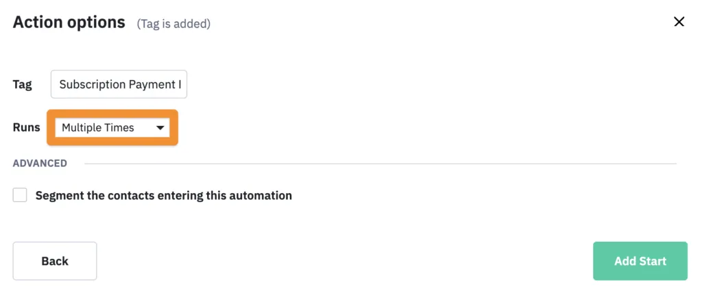 Screenshot of ActiveCampaign Payment failed tag