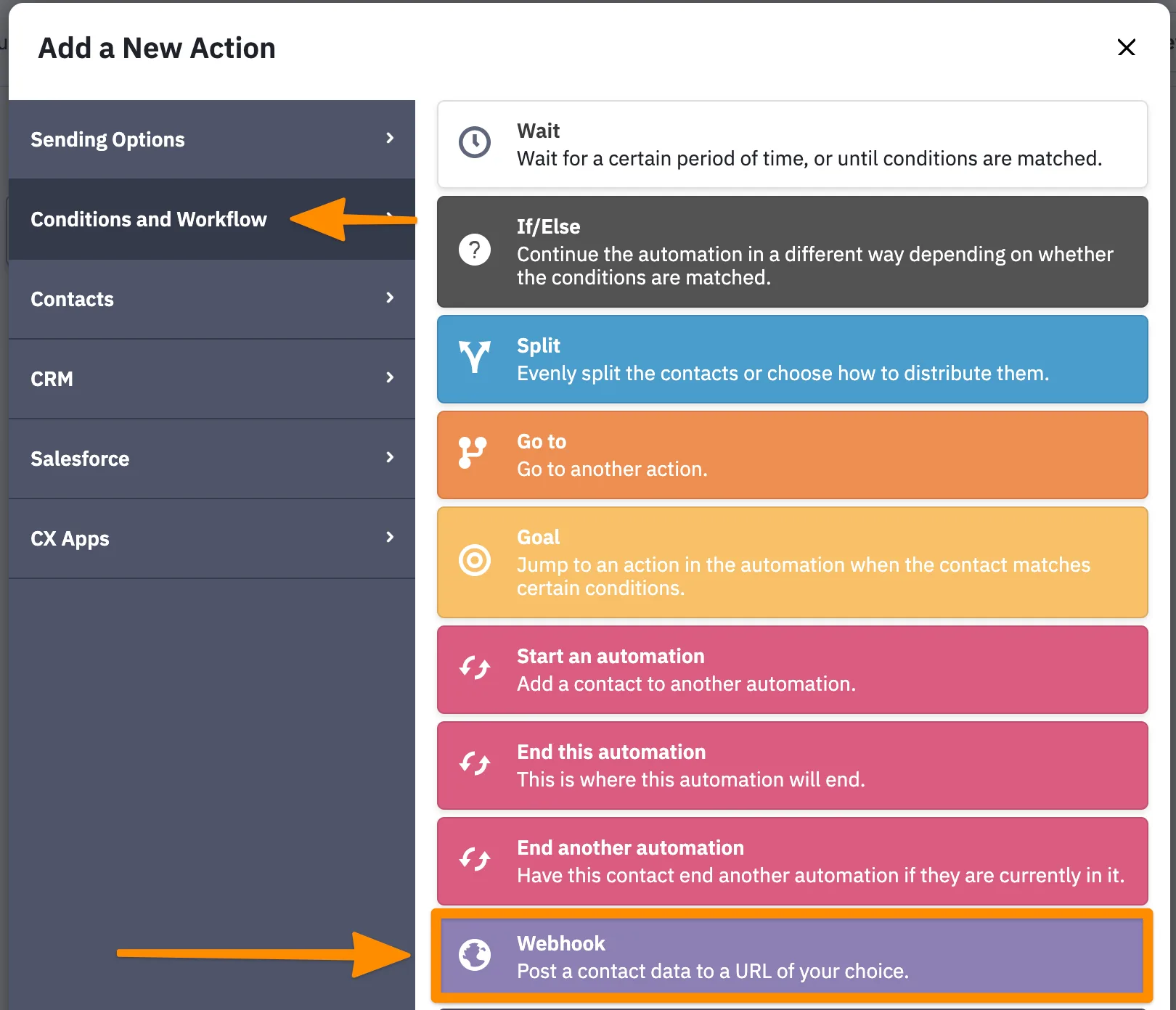 Screenshot of ActiveCampaign webhook selection