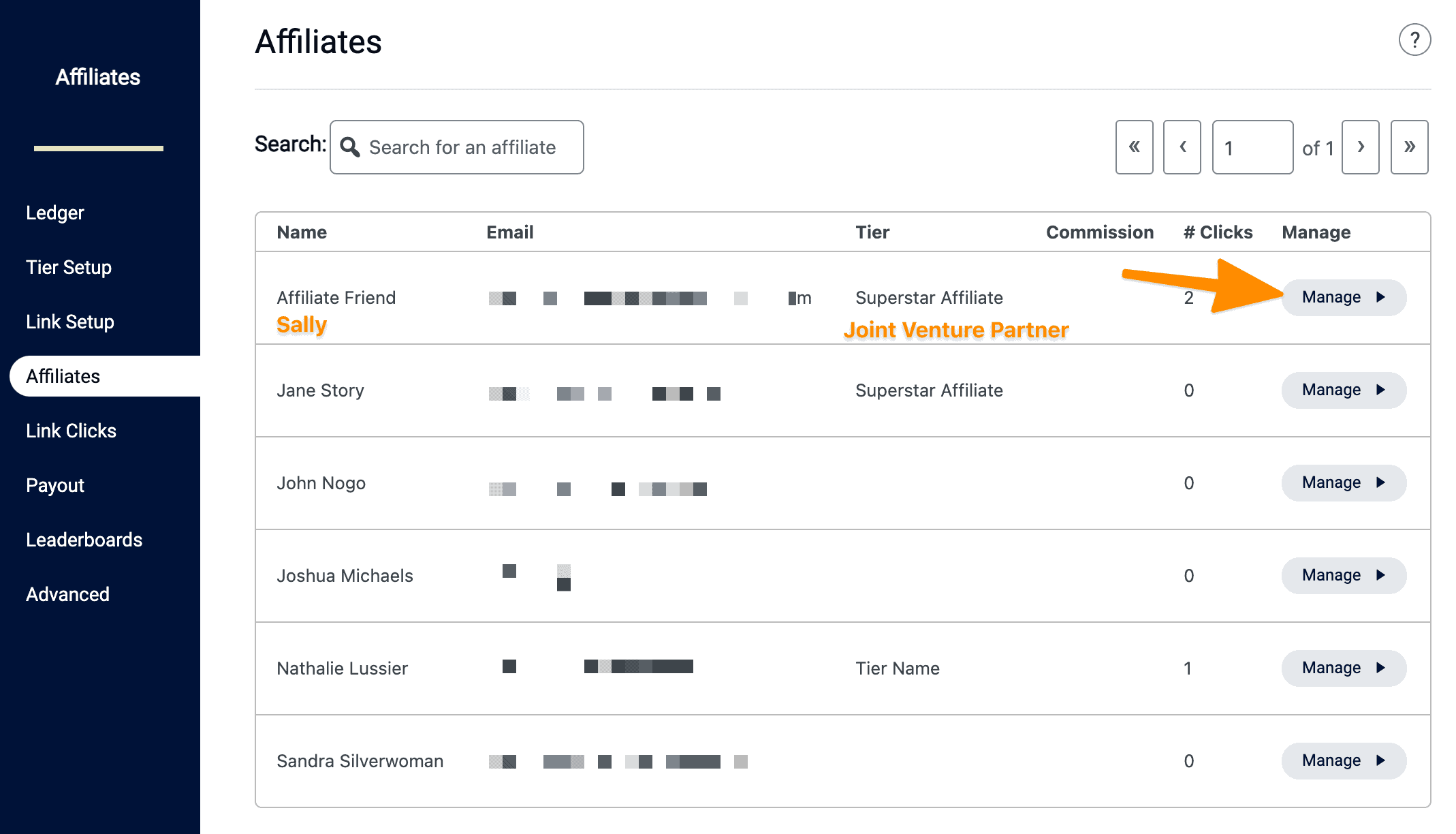 Screenshot of manage affiliate area