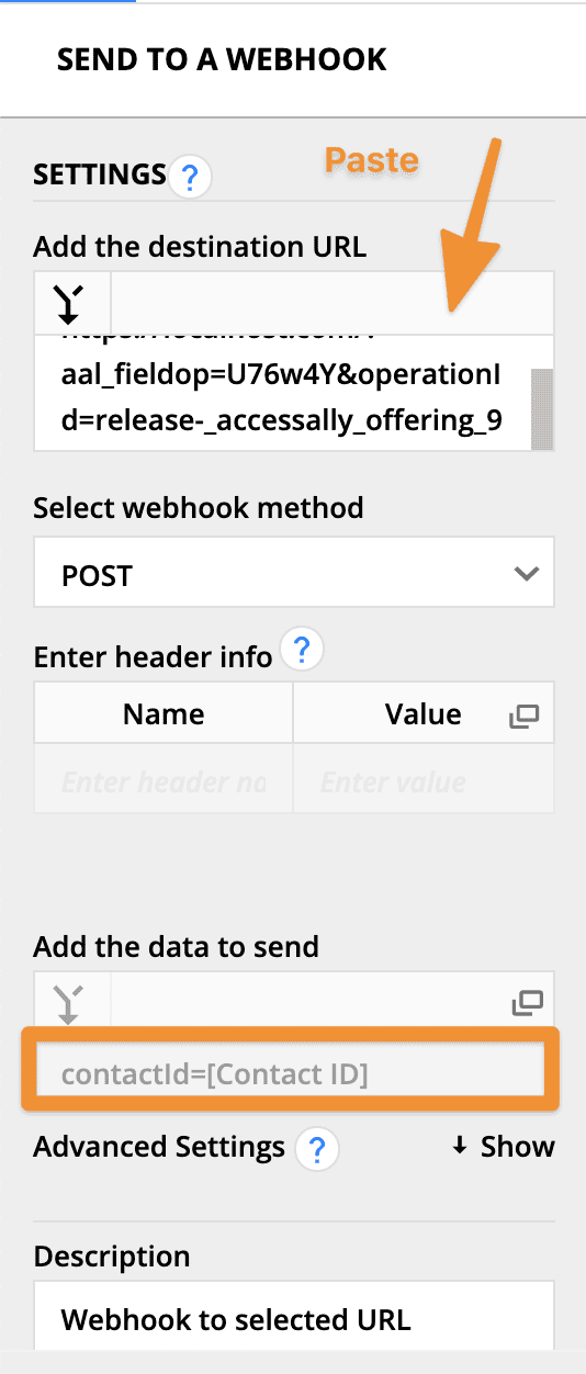 Screenshot of Ontraport Webhook settings
