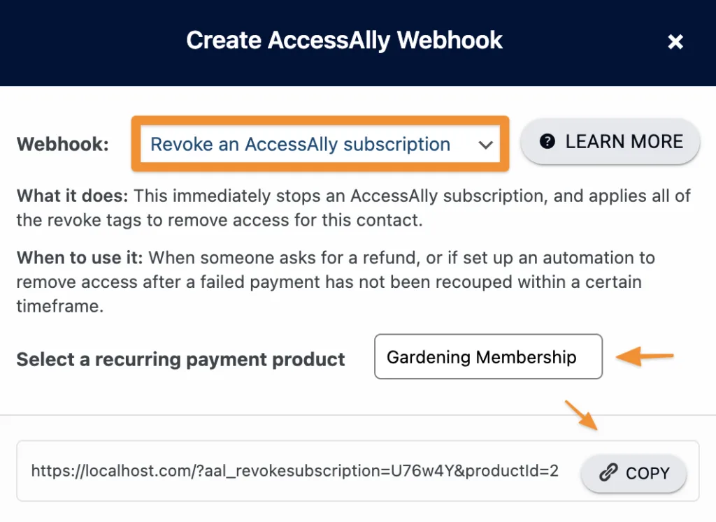 Screenshot of revoke webhook