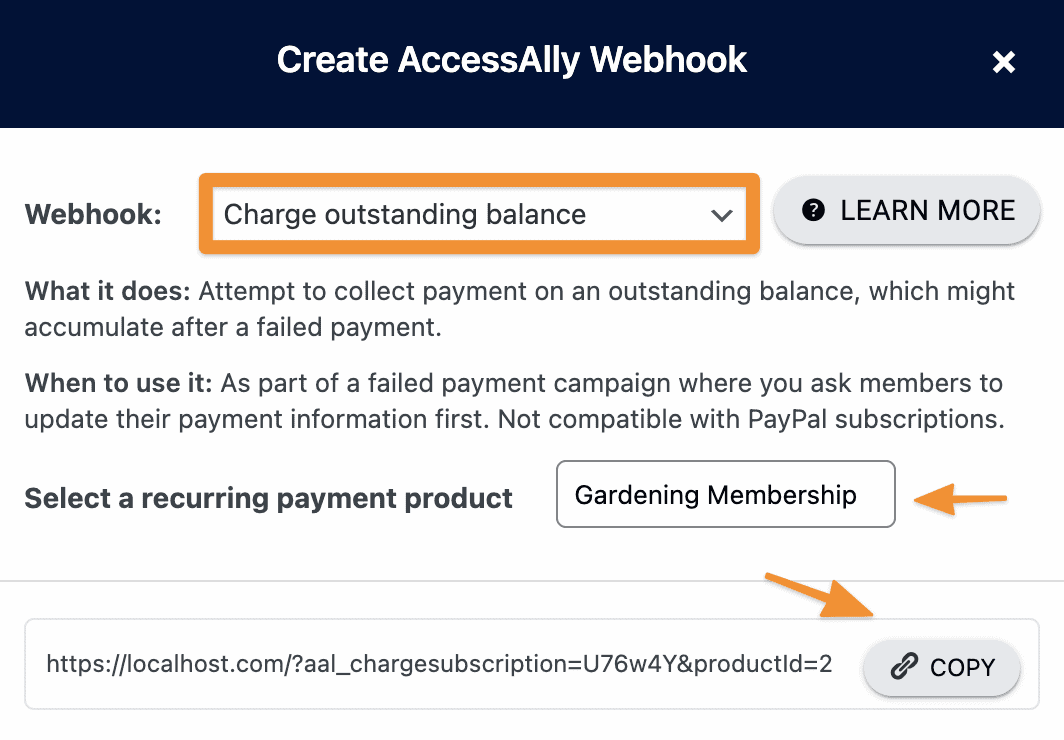 Screenshot of charge outstanding balance webhook