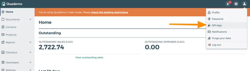 Screenshot of Quaderno API key link in navigation