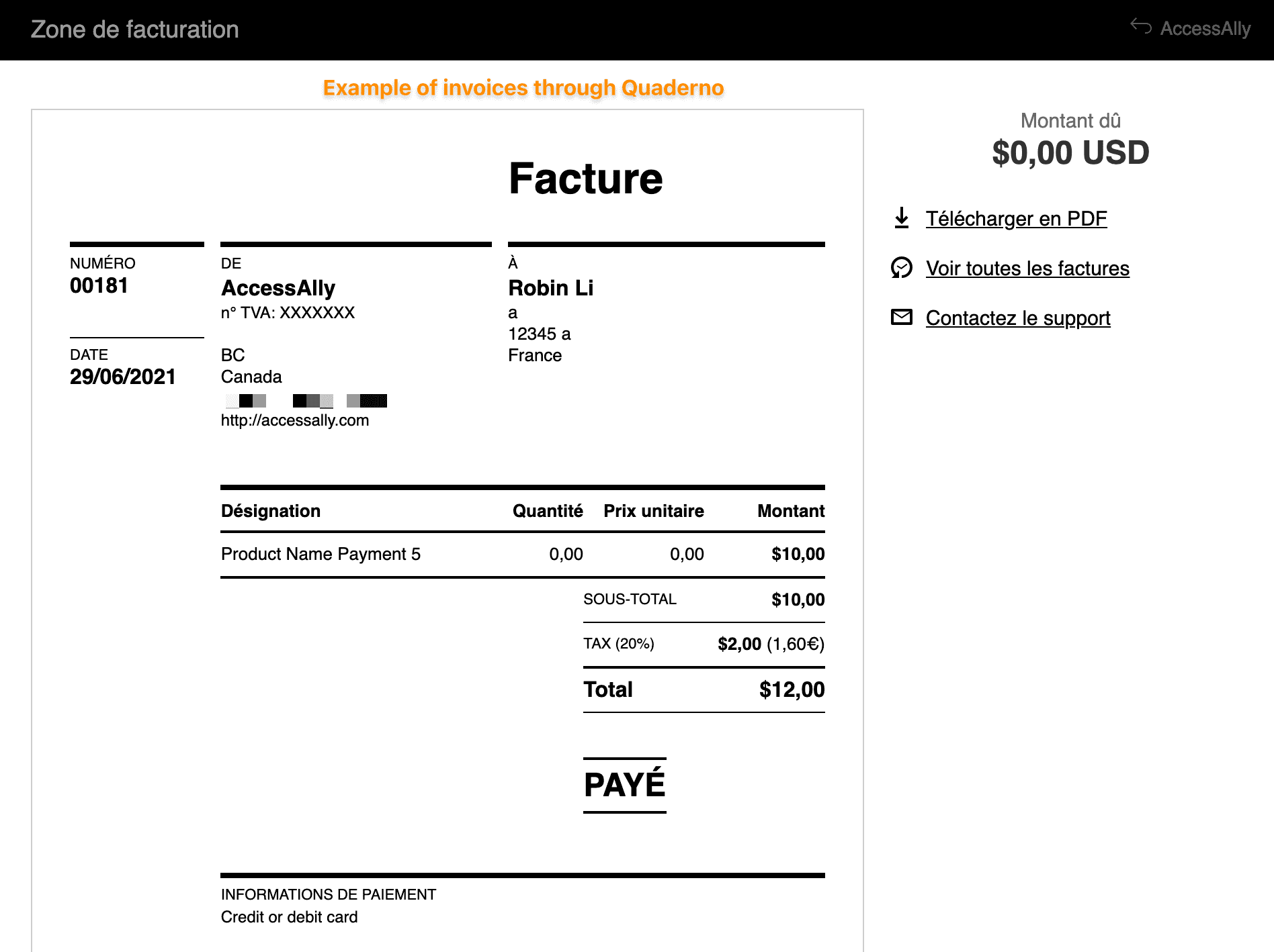 Screenshot of example Quaderno invoice