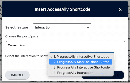 Screenshot of shortcode adder