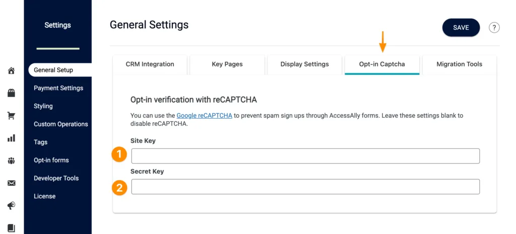 Screenshot of settings area for captcha