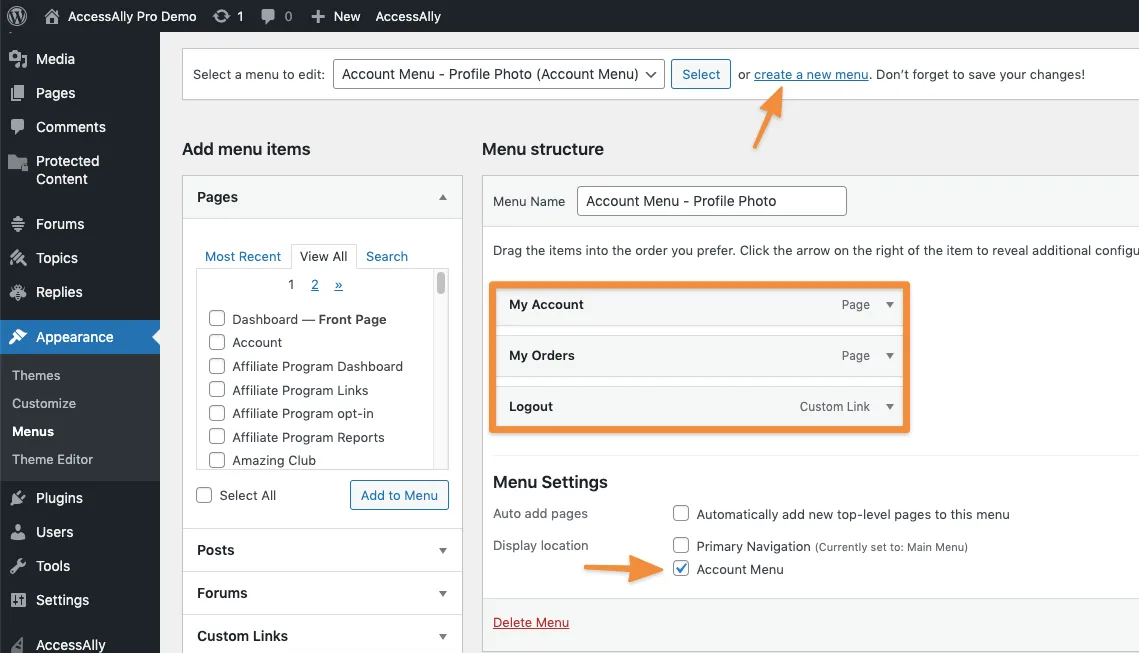 Account Menu Settings AccessAlly Theme