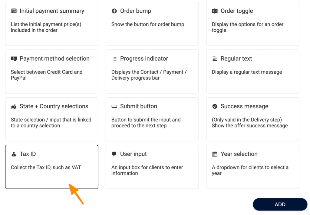 Screenshot of add tax ID area
