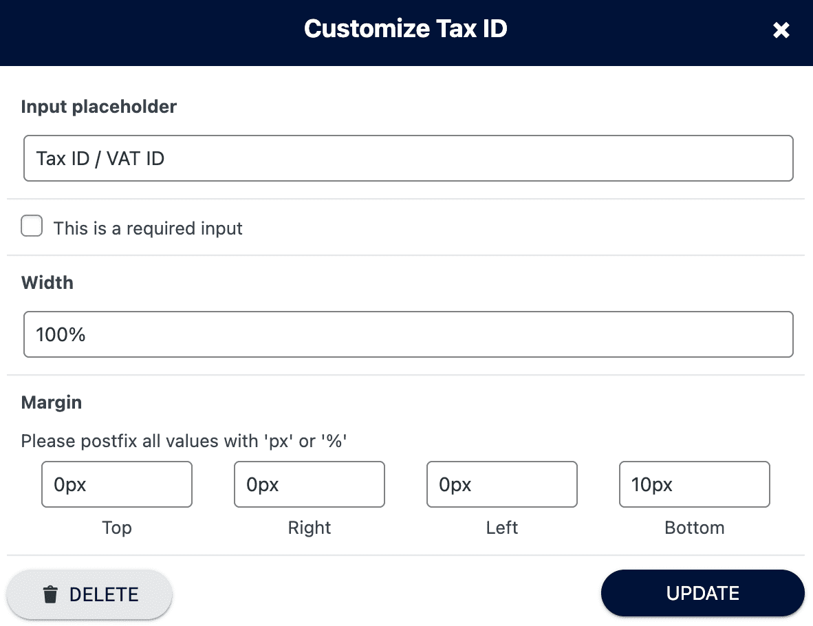 Screenshot of Tax ID input settings