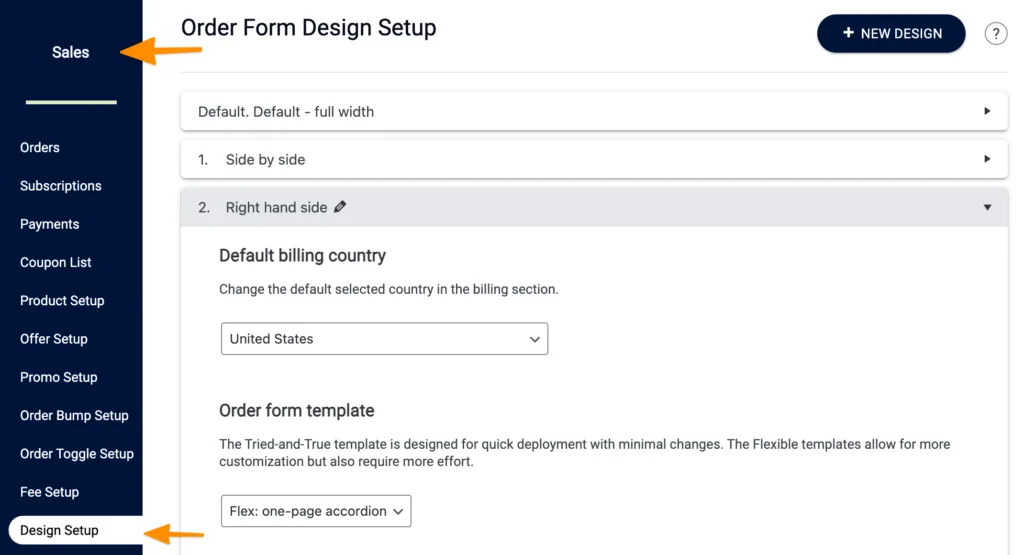 Screenshot of design setup tab