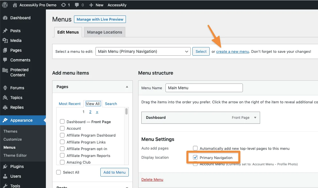 Primary Menu AccessAlly Theme