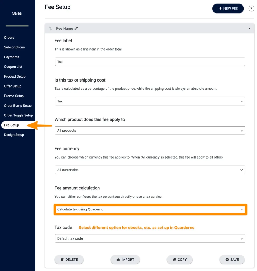 Screenshot of Fee Setup in AccessAlly