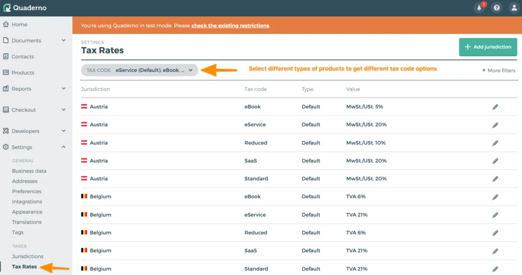 Screenshot of Quaderno jurisdictions