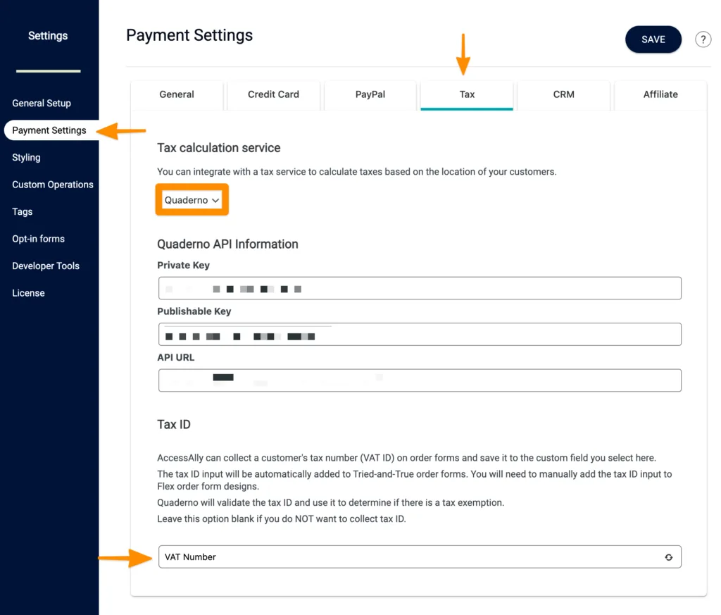 Screenshot of Quaderno dropdown in payment settings
