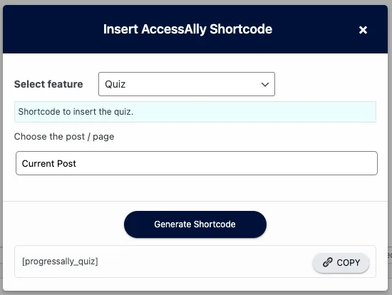Quiz shortcode adder