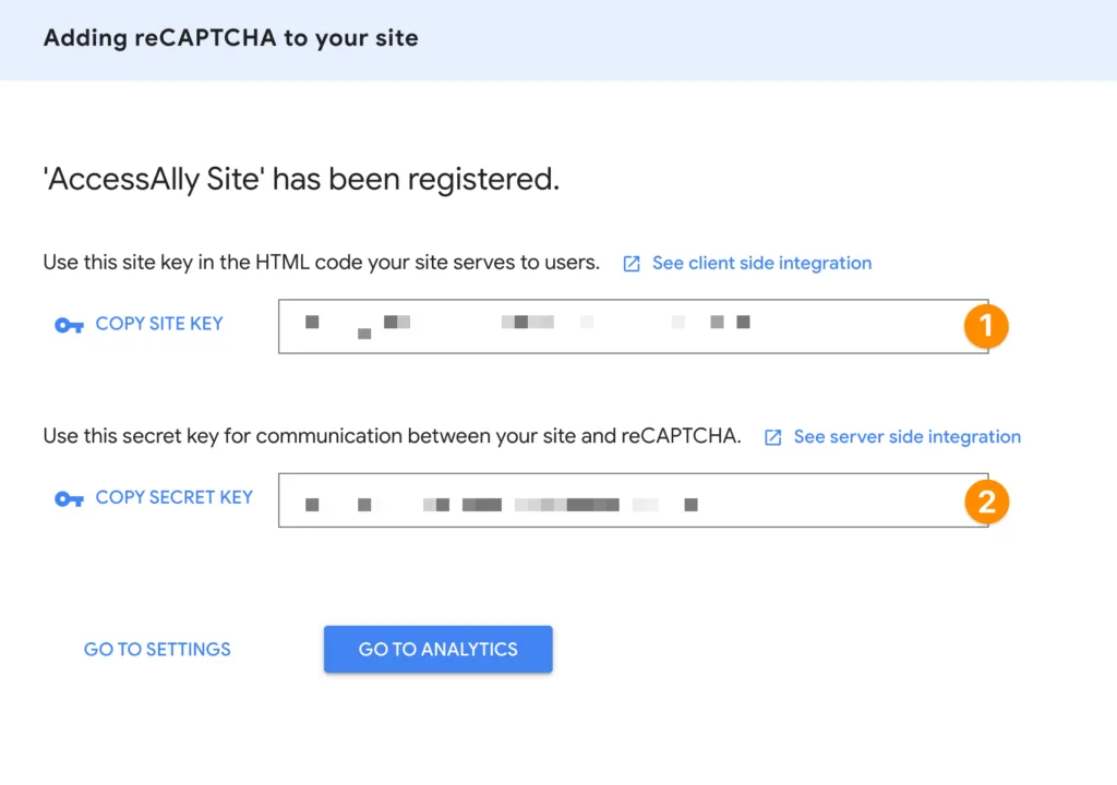 Screenshot of recaptcha keys