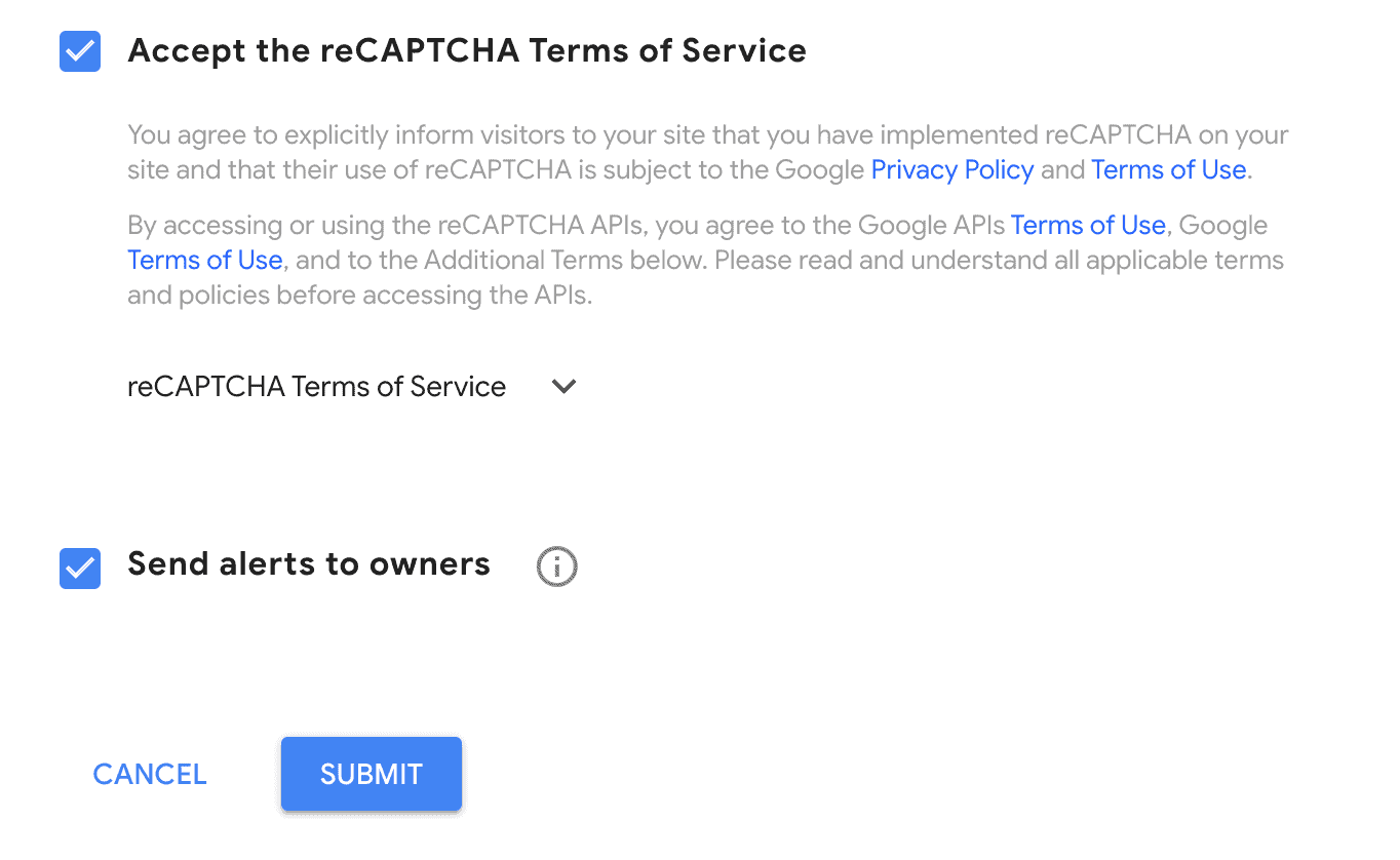 Screenshot of recaptcha terms and submit button