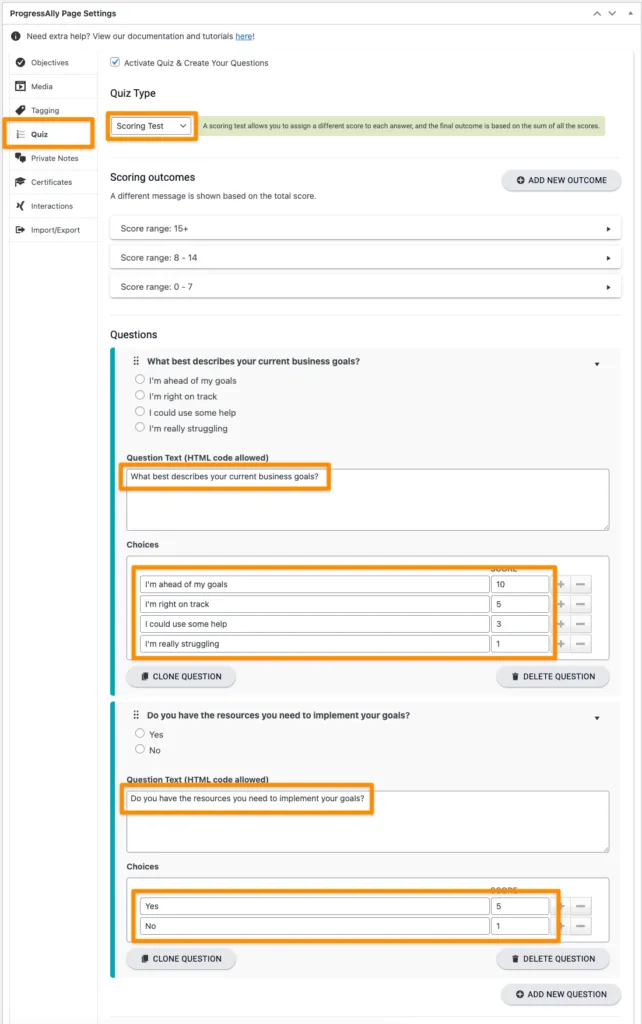 Scoring Test with Questions and Points