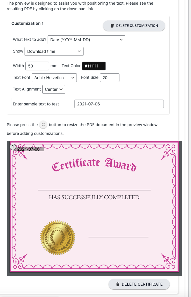 Screenshot of customization elements for a certificate