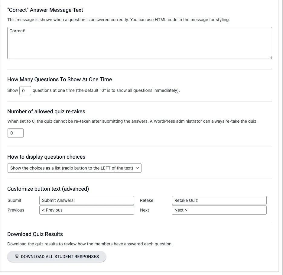 finalize quiz settings