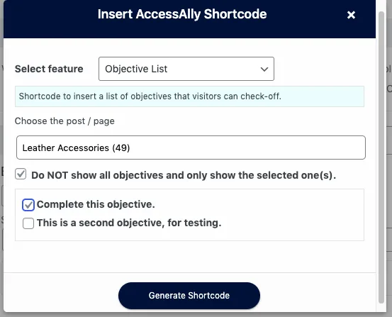Partial objective list shortcode generator