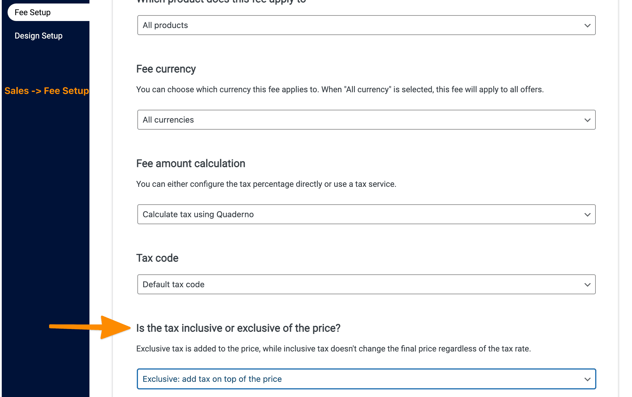 Screenshot of tax inclusive and exclusive option