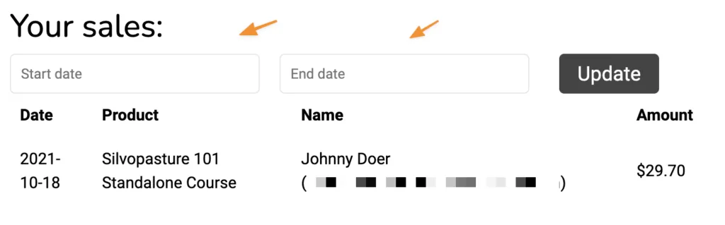 Screenshot of front end with date range selection