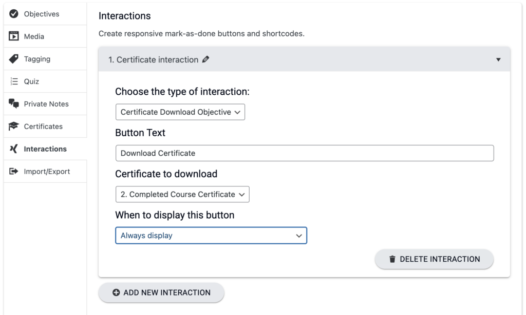 Screenshot of default interaction that is automatically created