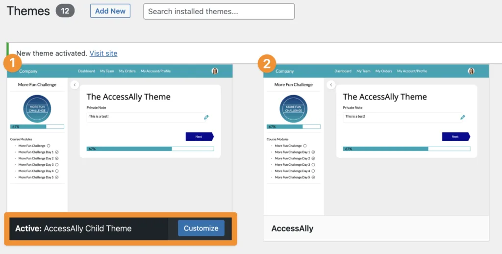 Screenshot of AccessAlly Child Theme Enabled