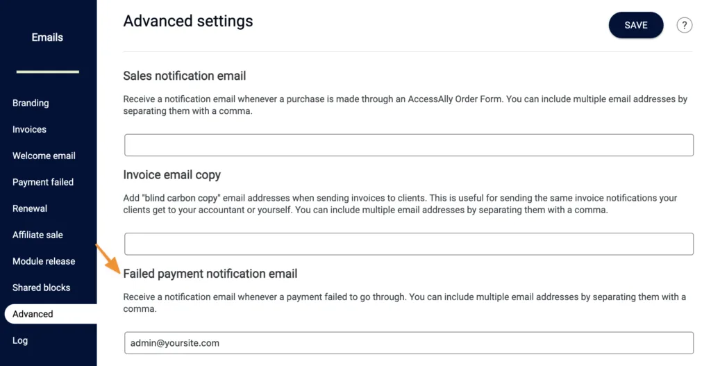 Screenshot of admin notification for failed payments