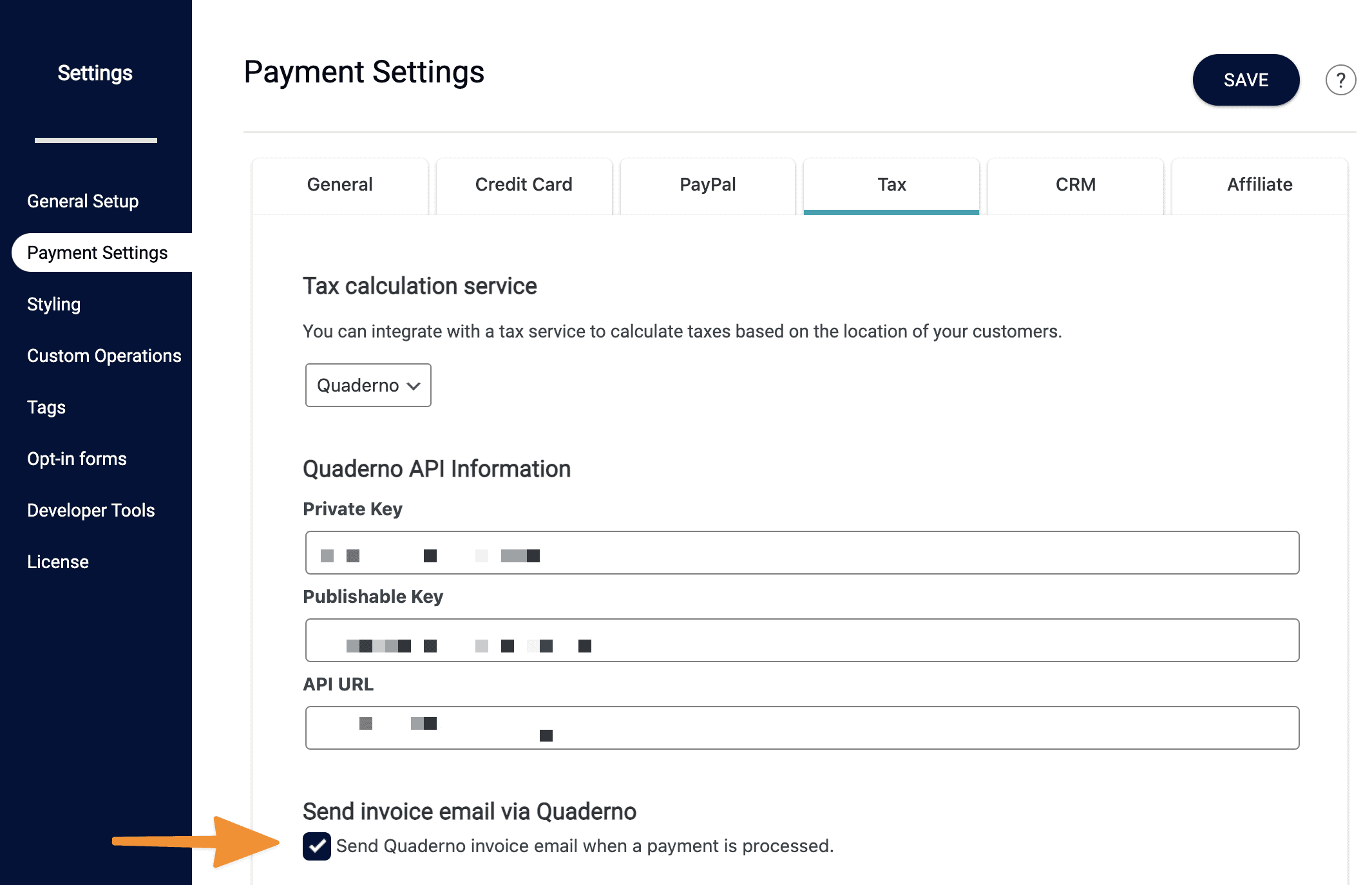 Screenshot of Quaderno invoice settings