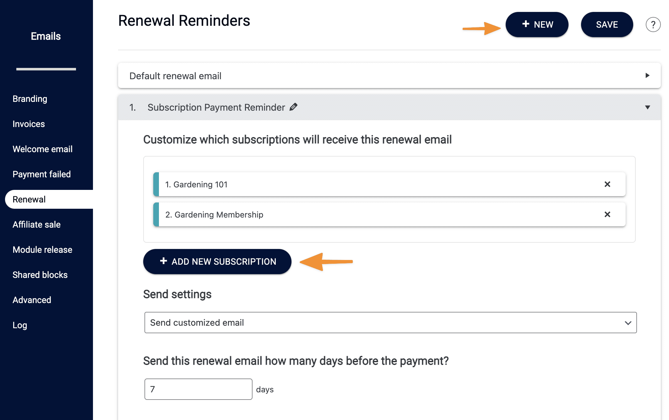Screenshot of customized renewal reminder emails