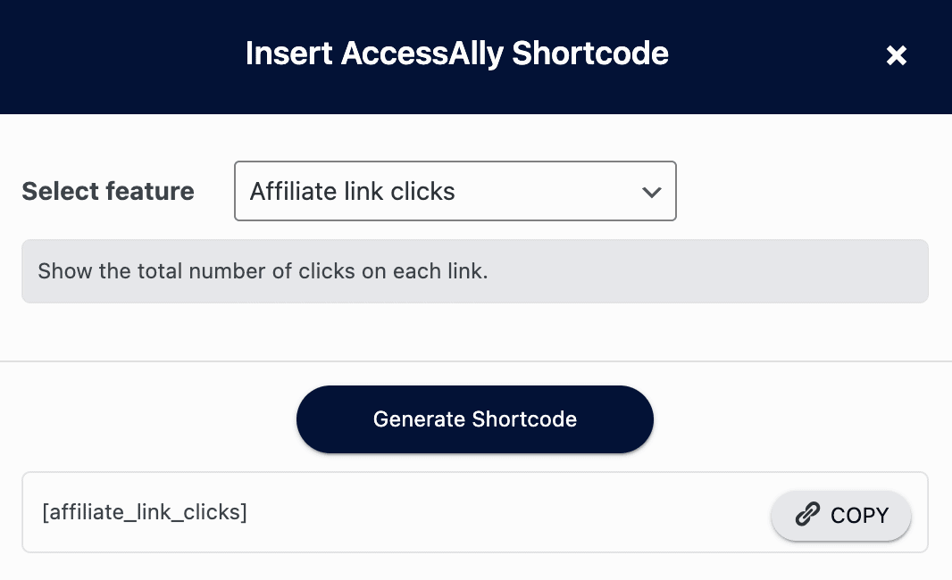 Screenshot of shortcode area for the affiliate link clicks table