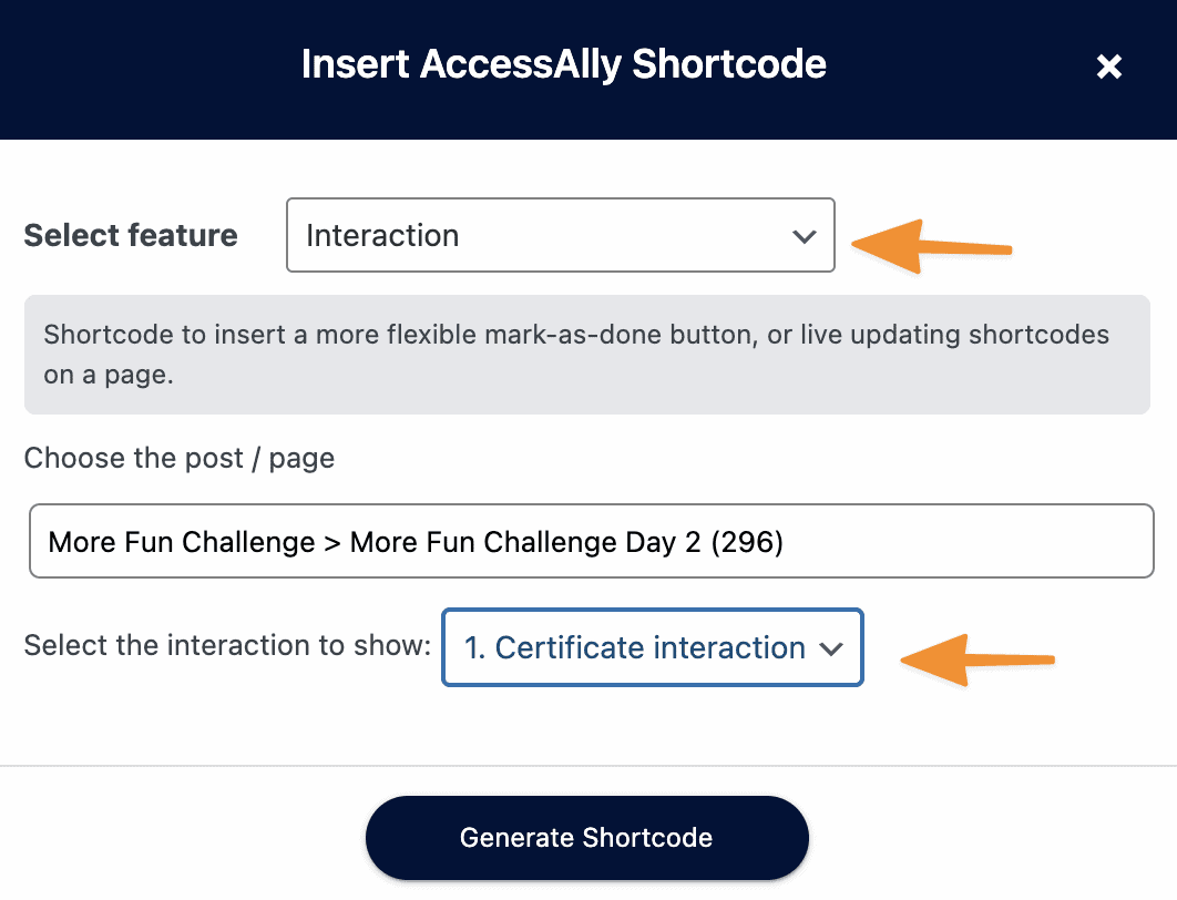 Screenshot of shortcode adder for certificate