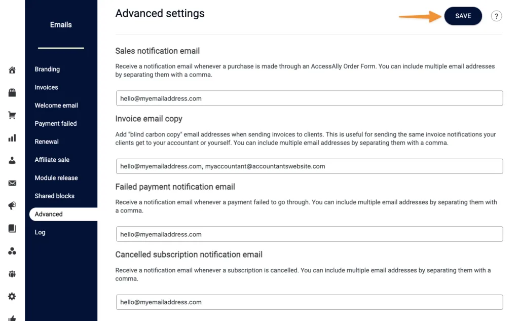 Admin email notification settings